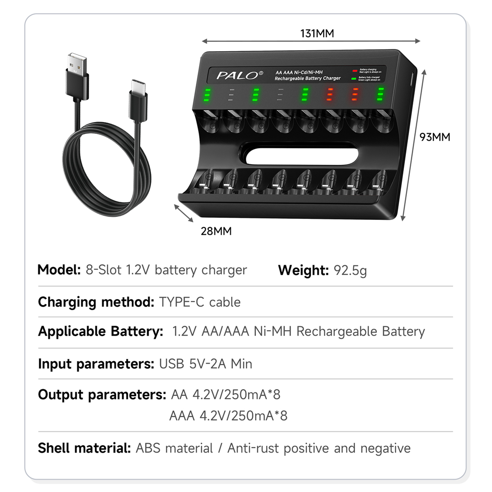 1.2V AA AAA NIMH Baterías Recargables 2A 3A + 8 Ranuras USB-C Cargador de Batería Rápido Con cable para juguetes linterna Ratón Mando a Distancia