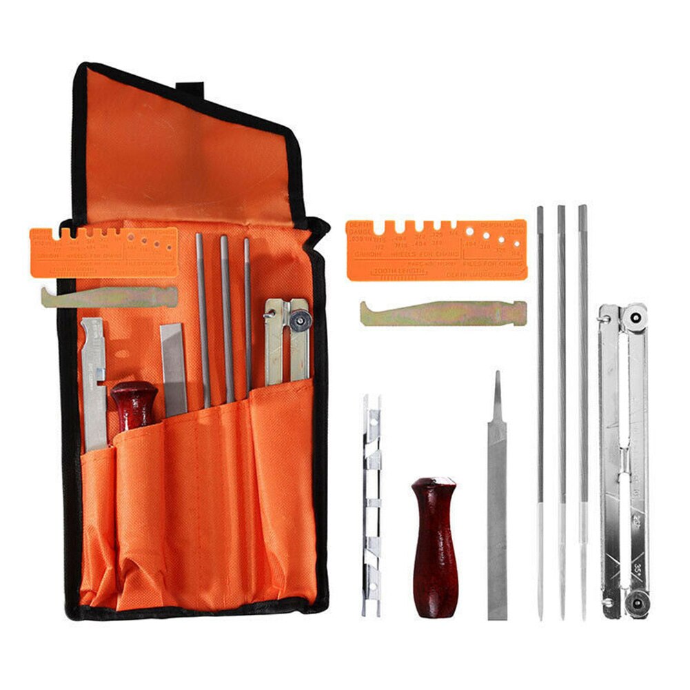 10pcs Chainsaw Sharpening File Kit Alloy Steel Ergonomic Wooden Handle 5/32 3/16 7/32 Inch Home Tools With Carrying Pouch