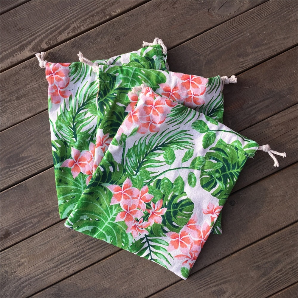 Yile 1pc katoenen linnen trekkoord tas feesttas print groen blad roze bloem  yl812b