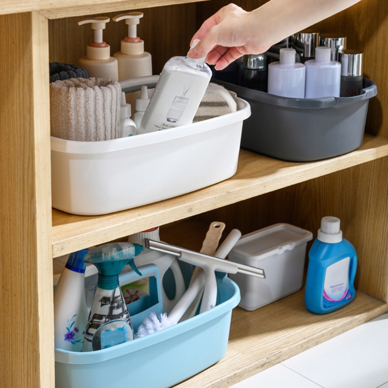 Portable Storage Basket Cleaning Caddy Storage Organizer Tote with Handle for Laundry Bathroom Kitchen Spray Bottles Cloths Brus