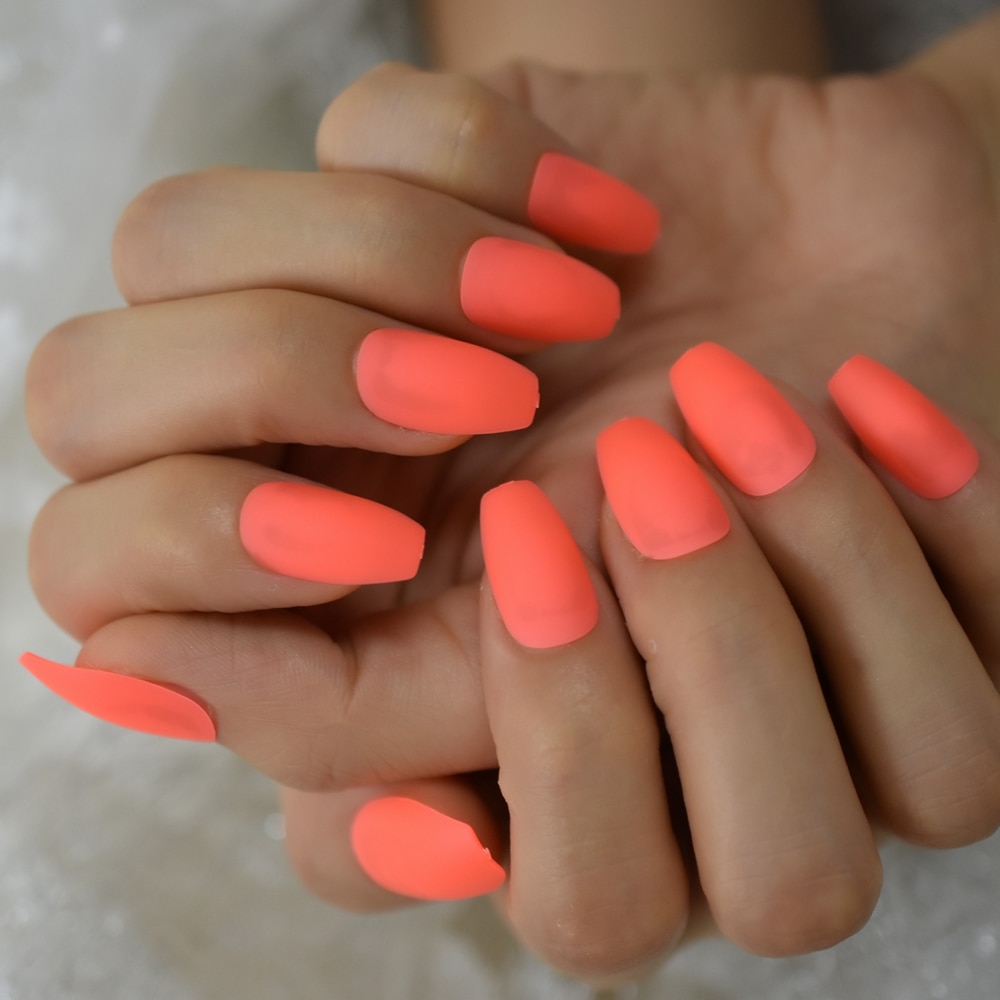 Néon Orange presse sur Ongles ballerine mat Faux Ongles couleur unie moyen manucure Art conseils avec onglets adhésifs