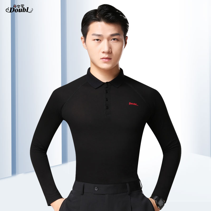 Doubl-camiseta negra de Tops de baile Latino para hombre, camiseta de Salsa de Vals, Trajes de baile latino de manga larga estándar nacional