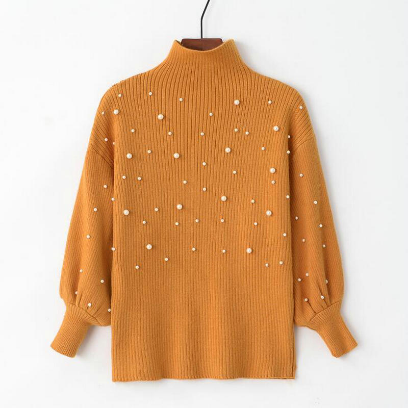 Autumn Winter Pearl Beading Sweater Women Pullovers Stand Collar Knit Jumper Casual Tight Cropped Sweater Three Quarter Sleeve