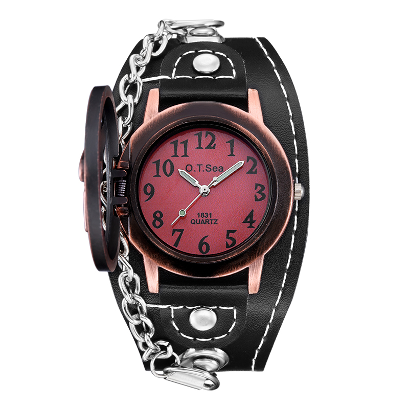 O. T. SEA Rose Skull cuarzo relojes estilo punk cuero de lujo reloj deportivo Relogio Masculino 1831-5