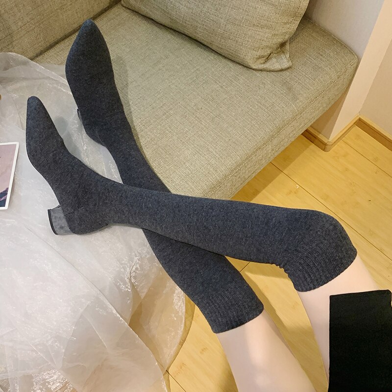 Sok lange støvler efterår vinter slip-on sok sko kvinde over knæet støvler spidse tå lår høje støvler damer slanke: Grå / 6