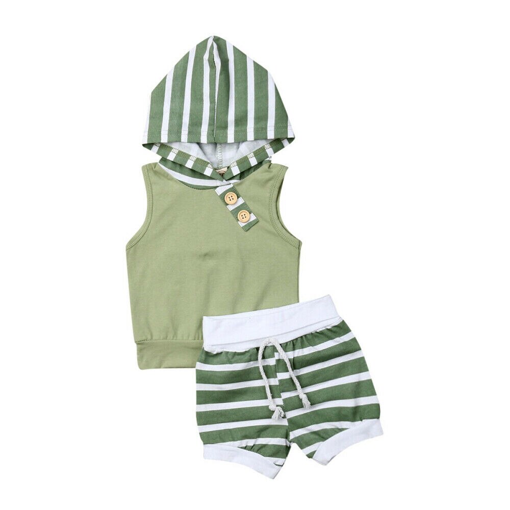 Baby Zomer Kleding Peuter Baby Meisje Jongen Casual Kleding Sets Hooded Streep Tops Vest Korte Broek Outfits 2 Stuks set 0-18 M: green / 6m