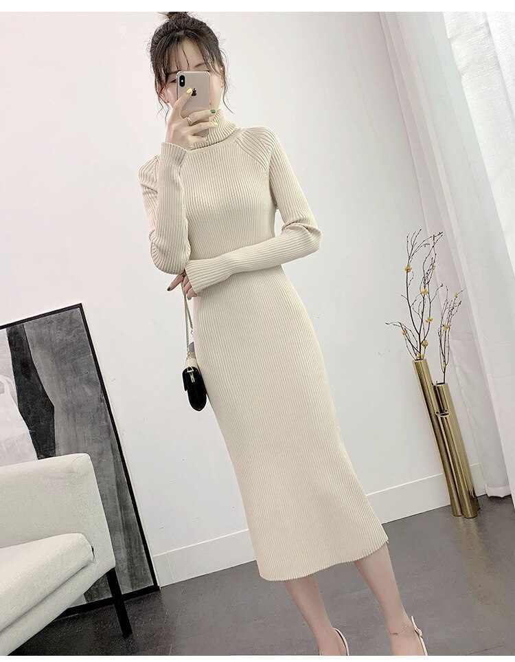 Coltrui Volledige Mouw Gebreide Jurk Vrouwelijke Winter Fall Vestidos Casual Dikke Gedraaide Vrouwen Lange Trui Jurken Beige: beige dress