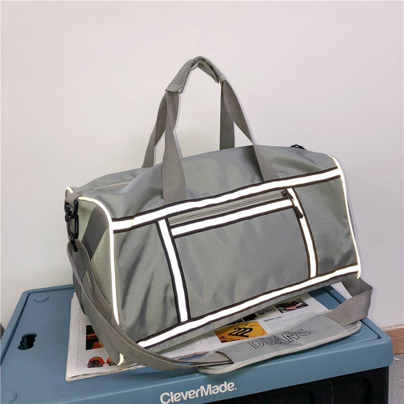 Gym Shoulder Bag With Reflective Stripe Dry Wet Separation Packing Organizer Waterproof Nylon Sport Travle Duffel Bags X236A: deep gray