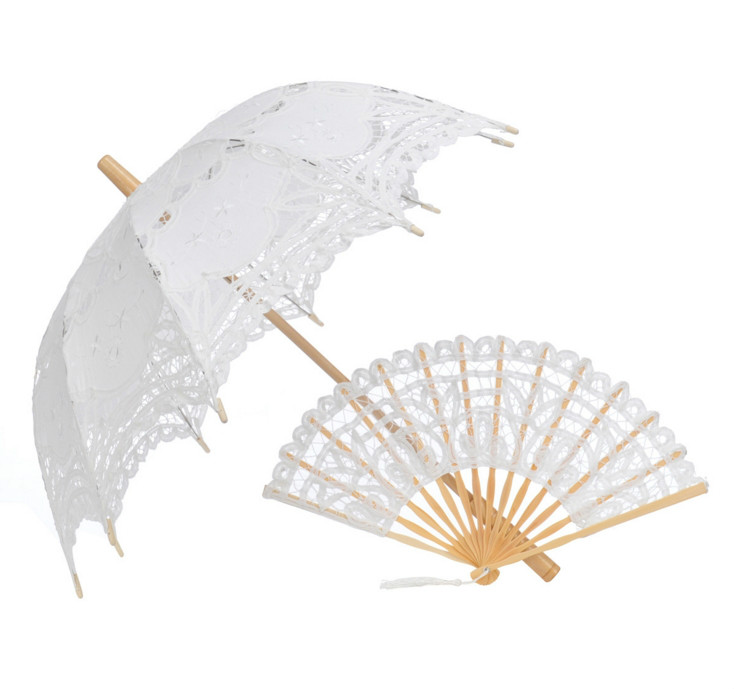 Lace Paraplu En Fan Combinatie Katoen Borduren Wit/Ivoor Lace Parasol Wedding Paraplu Decoraties