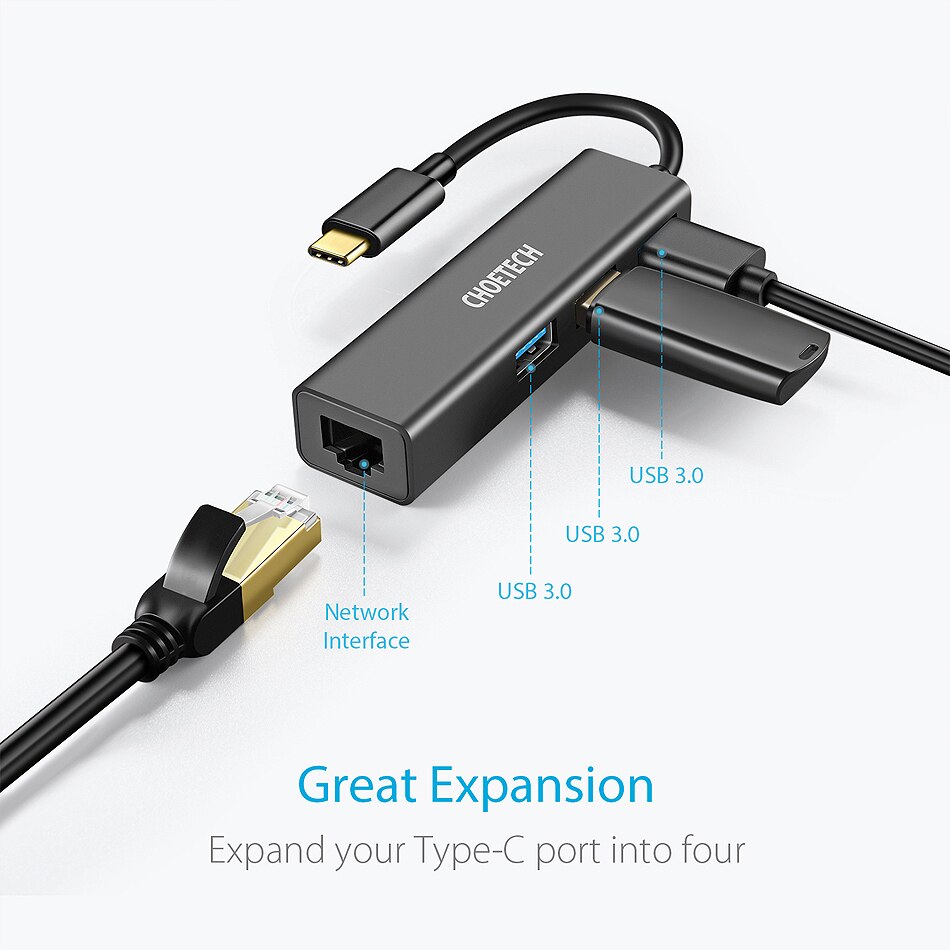 Choetech Usb C To Gigabit Ethernet Adapter Rj45 Port And 3-Port Usb 3.0 Port For Macbook/Surface Book 2