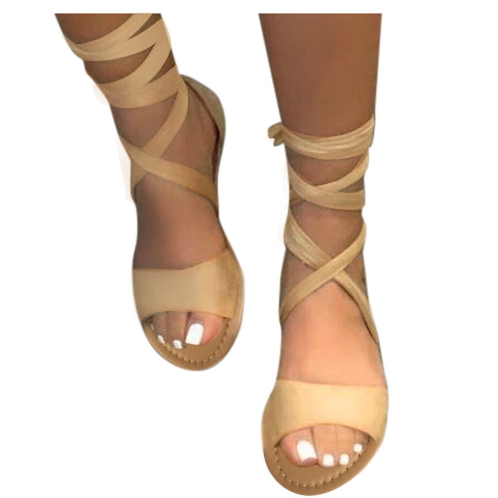 Sommer flade sandaler til kvinder afslappet åndbar åben tå dame sandaler fritid strand kvinder sandaler zapatos de mujer: Beige / 8.5