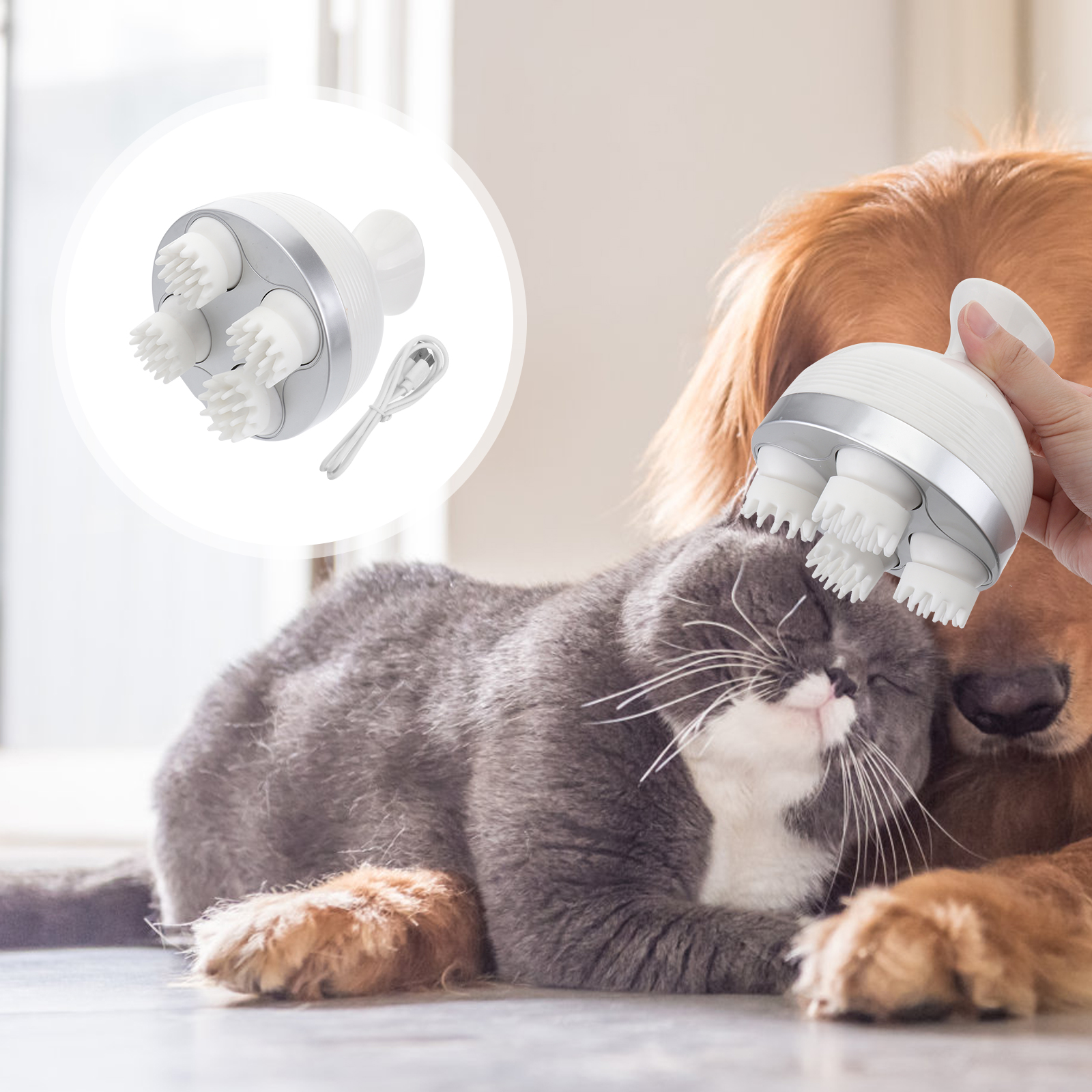 Masseur électrique pour animal de compagnie, appareil de massage à rotation automatique et omnidirectionnel, avec chargeur USB, amusant pour chien et chat (blanc): Default Title
