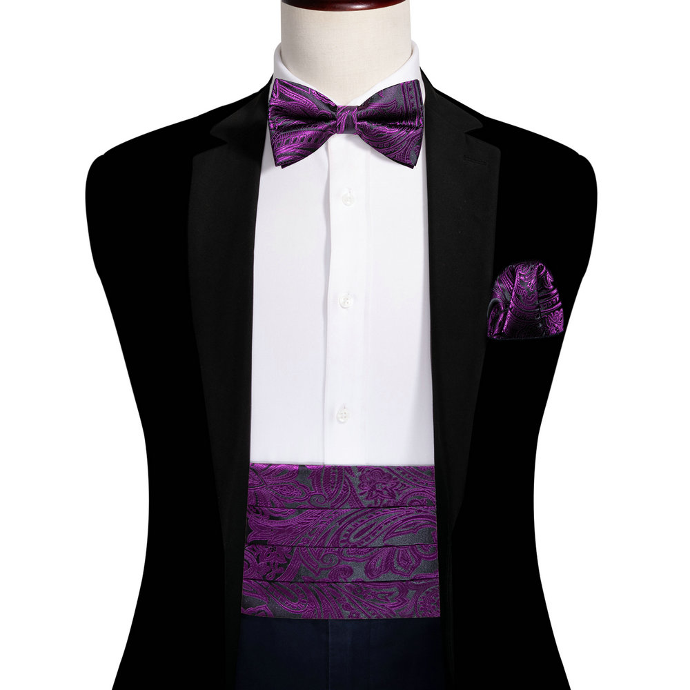 Navy Blue Cummerbund Men Silk Bowtie Pocket Square Cufflinks Sets Classic Paisley Male Accessories Wedding Party Barry.Wang 1031: Dark Grey