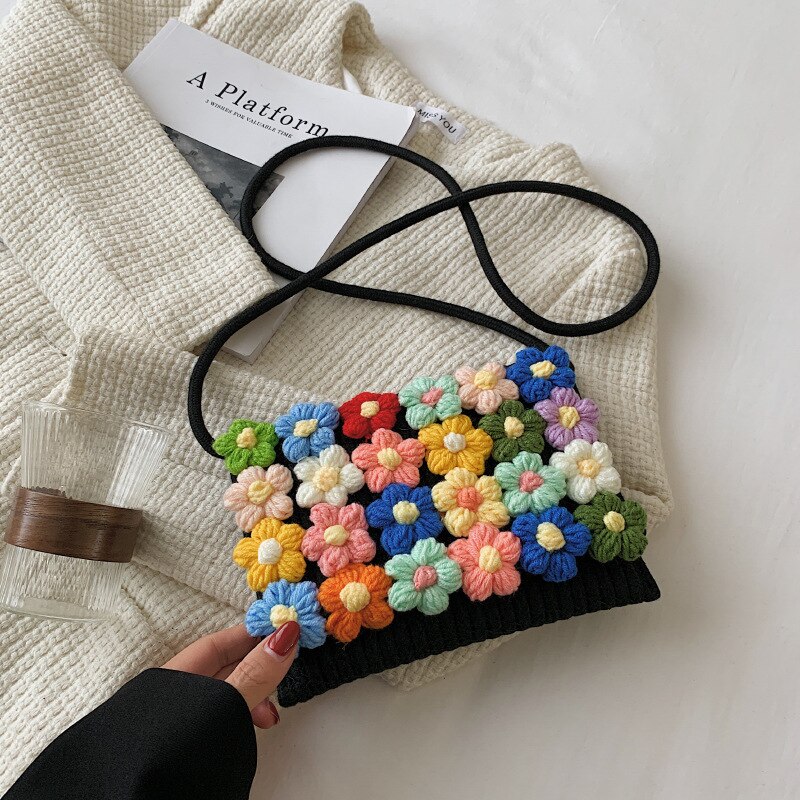 Yogodlns Mode Bloem Flap Bag Voor Vrouwen Geweven Handgemaakte Crossbody Tas Katoen Linnen Messenger Handtas Zomer Reizen Strand Tassen: black