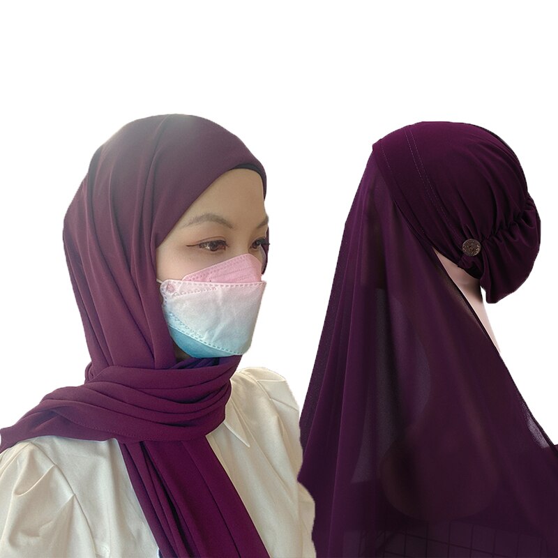 Instant Hijabs Women Bonnet With Chiffon Shawl With buttons Easy to Wear masks Stretch Hijab Cover Headwrap: color 4