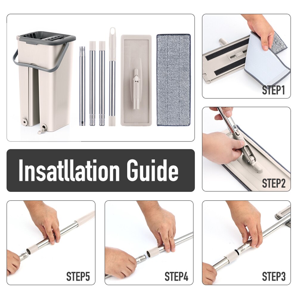Flat Squeeze Mop and Bucket Hand Free Wringing Floor Cleaning Mop Microfiber Mop Pads Wet or Dry Usage on Hardwood Laminate Tile