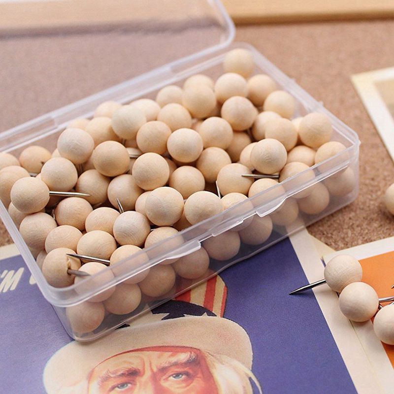 130pcs Round Wood Decorative Push Pins, Wood Head and Steel Needle Point Thumb Tacks for Photos, Maps and Cork Boards