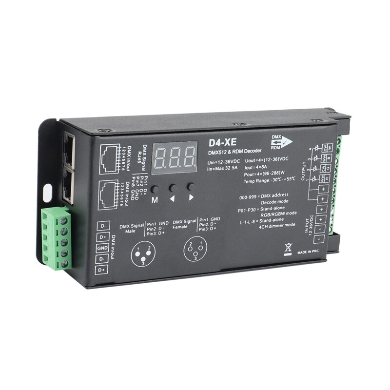 -d4-xe 4ch pwm-konstantspannungs-cv-dmx -512 -rdm-led-decoder-controller mit digitalanzeige, xlr 3 rj45 dc12v 24v 36v
