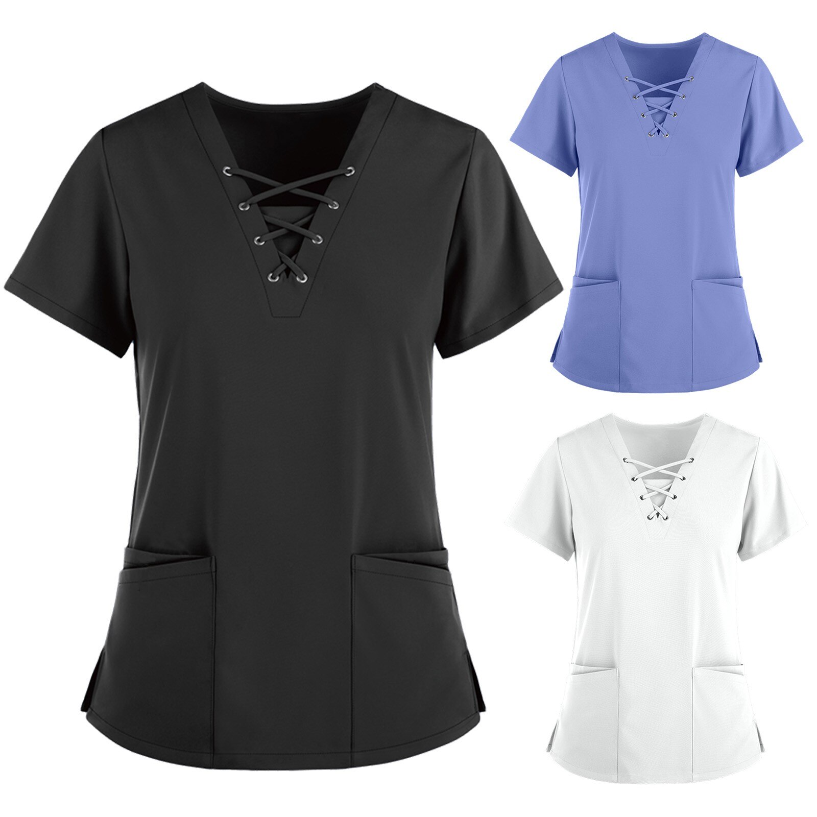 De talla grande de las mujeres manga corta con cuello en V de Tops de Color liso de uniforme de trabajo camisetas transpirable ropa de protección clínica