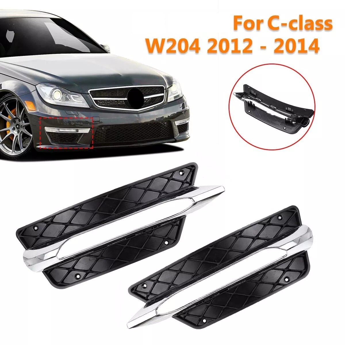 1 Pair L/R for Mercedes-Benz C-Class W204 Front Bumper DRL Grille Cover Silver Plating Lamp Hoods Decor: Default Title