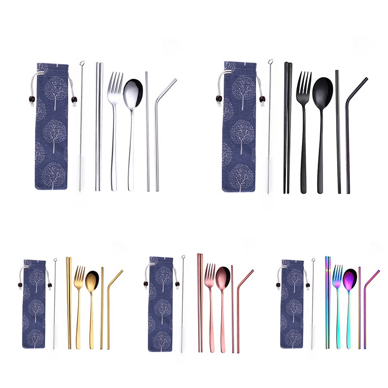 Rustfritt stål titanbelagt miljøvennlig bærbart servise 304 rustfritt stål skjeer spisepinner sett suctio