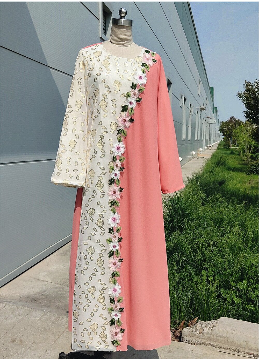 Dubai kjole beskjeden søt oransje rosa blomster broderi langermet arabiske muslimske kjoler oman uformelt abayas kaftan: Xl