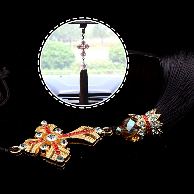 Car Pendant Crystal Diamond Cross Car Decoration Crucifix Automobile Rearview Mirror Decor Hanging Accessories