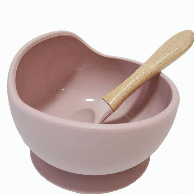 Baby siliconen voedingsset houten lepel zuigkom babybord kinderen peuterhulp servies bpa-vrij siliconen babyverzorging: Stoffig roze