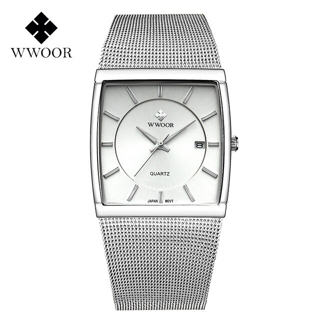 Wwoor Luxe Goud Ultra Dunne Quartz Horloges Voor Mannen Mode Vierkante Heren Horloge Stalen Mesh Band Waterdicht Datum Pols horloge: silver white