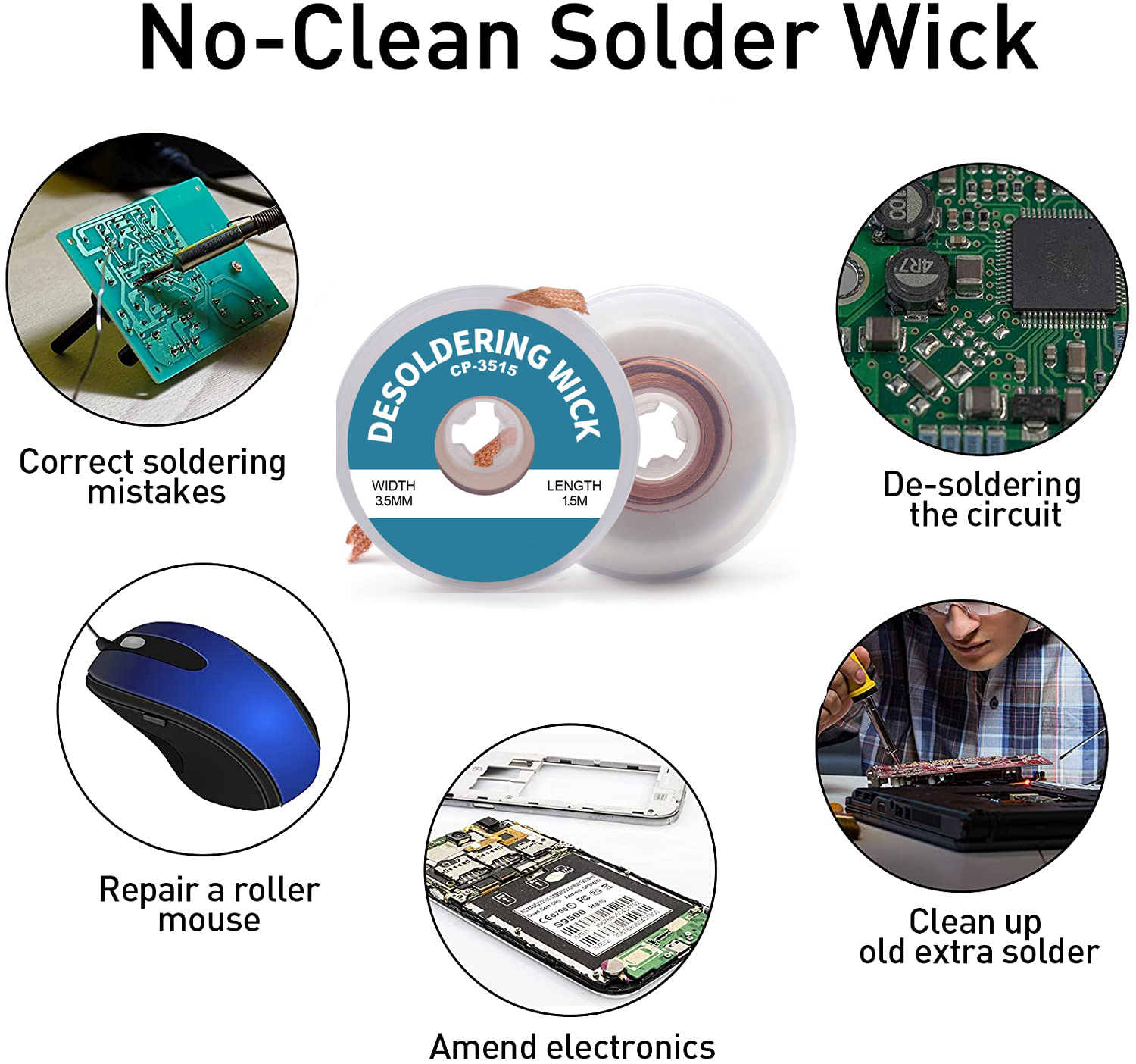 tresse à dessouder Mèche à souder sans nettoyage, fil à souder, tresse avec Flux, outil de dissolvant de tresse, ventouse de soudure