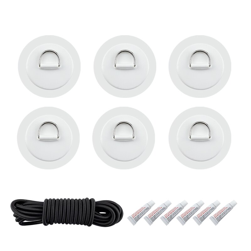 6 stuks/partij surfplank, dinghy, boot, pvc-patch met roestvrijstalen d-ring, dekbevestiging, sup ronde ringpad, 5m elastische bungee-touwset: Wit