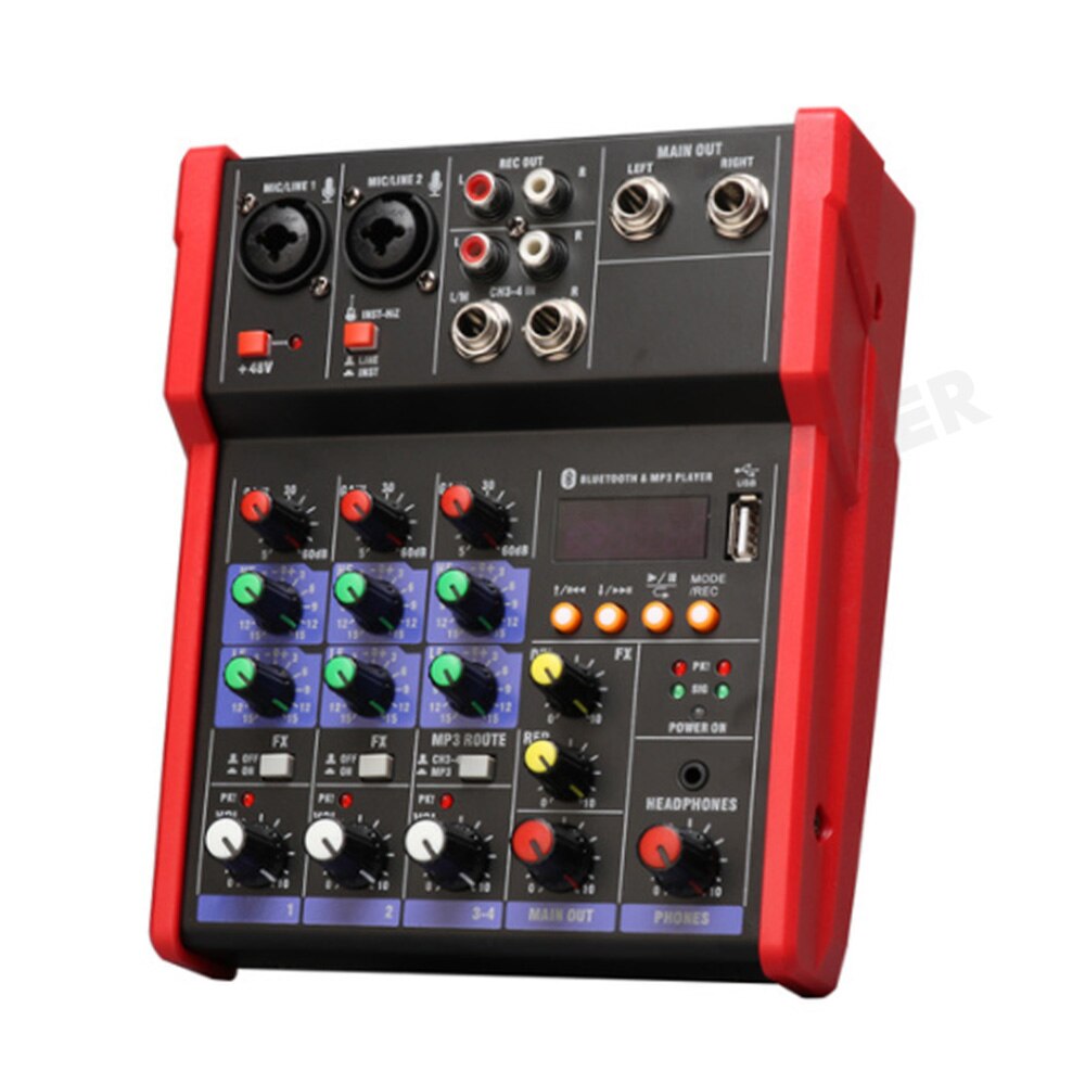 4 Channel Audio Mixer Console With Wireless Microphone Sound Mixing With Bluetooth Usb Mini Dj Mixer for Computer Recording: red solo