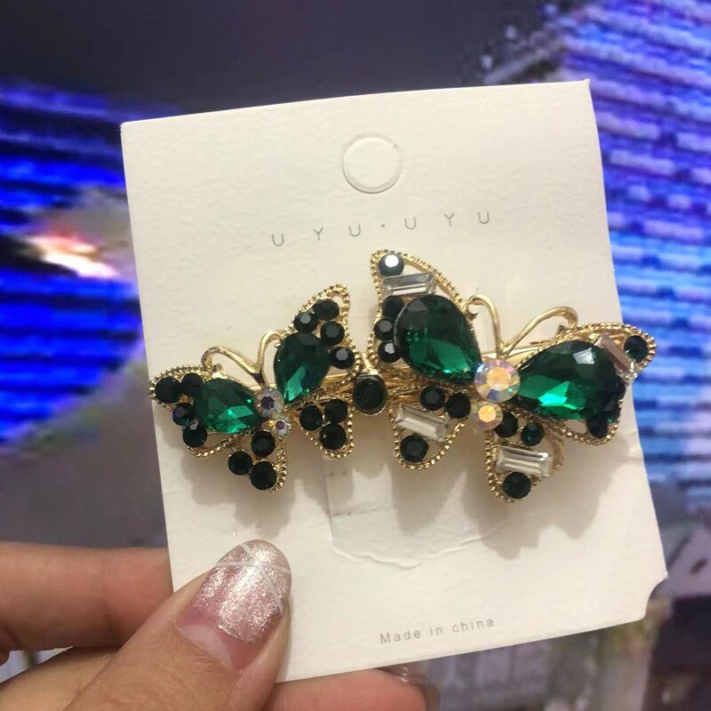 Retro pełna diamentowa grzywka szpilka moda damska śliczna szpilka do włosów z tyłu głowy Rhinestone akcesoria do włosów Rhinestone motylkowa szpilka do włosów: green