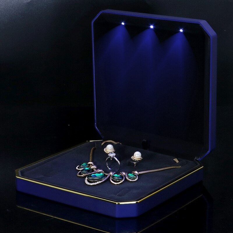 LED bijoux grand ensemble boîte organisateur perle boucle d'oreille collier affichage coffrets pour mariage pliable en plastique bijoux mallette de rangement: Blue style 3