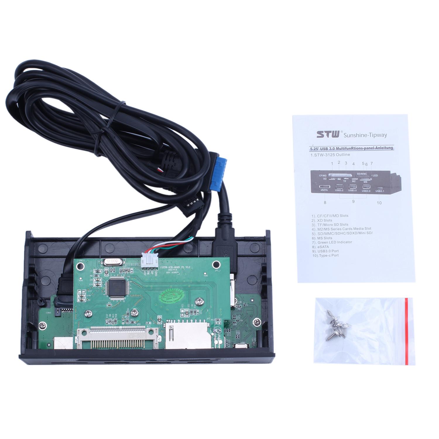 STW 5.25 inch PC Computer Front panel All-in-1 Multifunction card reader with 3ports USB3.0, USB 3.1, eSATA ,Support M2, MSO,