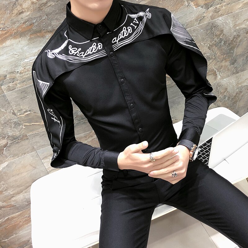 Skjorte koreansk langærmet slim fit gotisk skjorte camisa mænd bryllupsskjorte patchwork skjorte sort hvid: Sort / Koreansk xxl 65-72kg