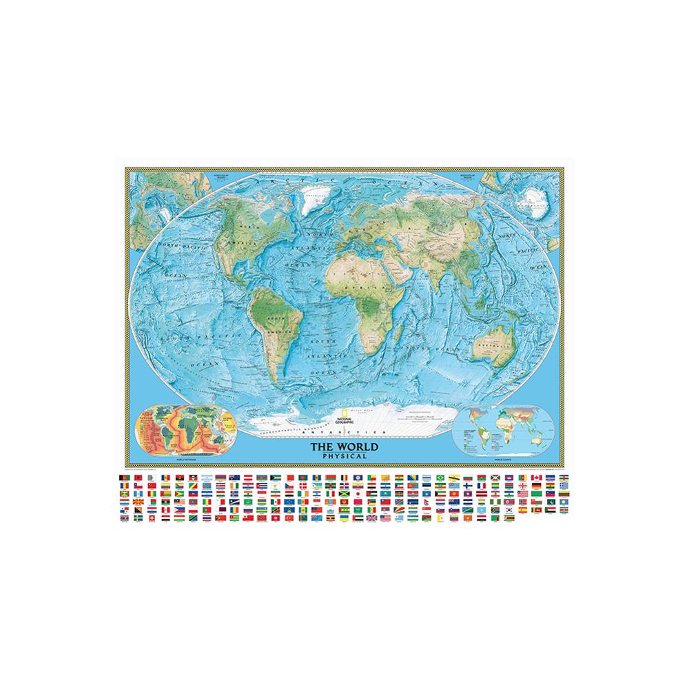 De Wereld Fysieke Kaart Met Nationale Vlaggen 150X100 Cm Non-woven Waterdichte Kaart Met Wereld Klimaat En tektoniek