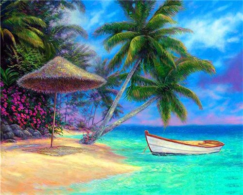 Azqsd diy maleri af tal landskab håndmalet akrylmaling billeder af numre strandindretning til hjemmet 50 x 40cm: Szgd 700