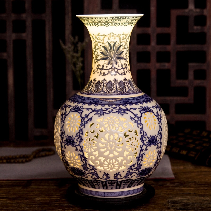 Jingdezhen hul keramisk vase kinesisk blå og hvid gennemboret vase stue dekoration porcelæn blomstervase