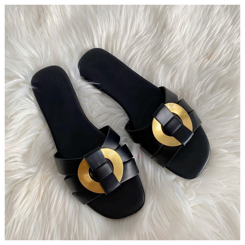 Zomerslippers damesmerk slide flat casual sandaal dames strand slippers metalen gesp pantoffel grote maat 41 schoenen vrouw: Zwart / 8.5