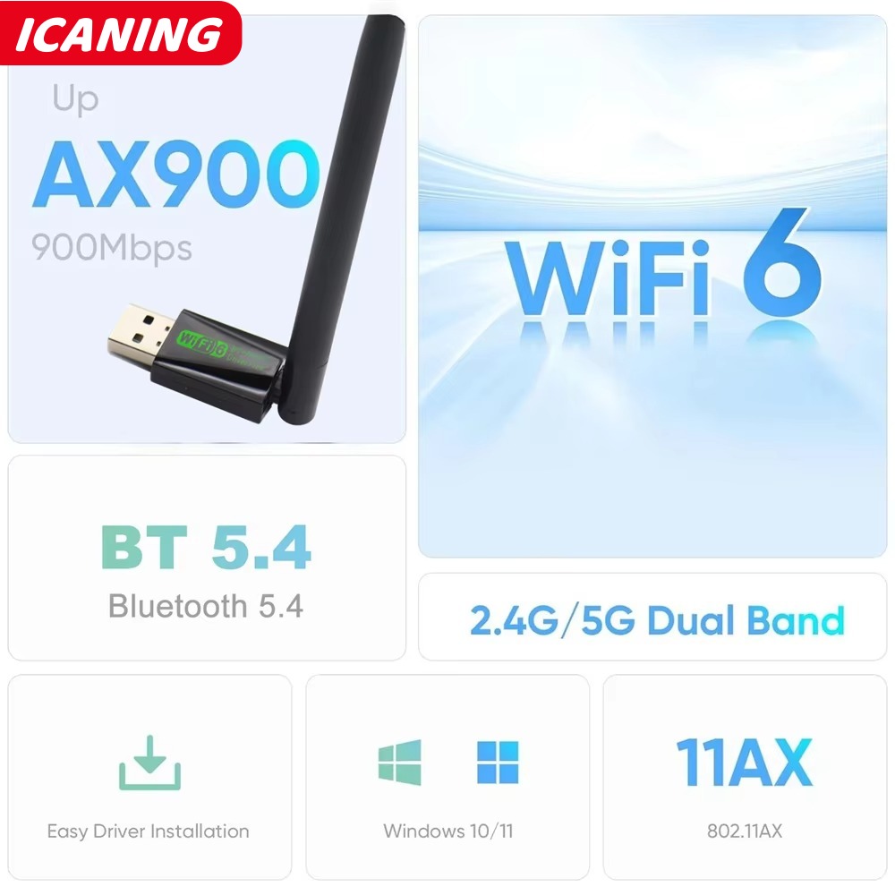 Adaptador usb wifi 6 900mbps bluetooth 5.4 ax900 dongle usb placa de rede sem fio banda dupla 2.4g 5g receptor ethernet driver grátis