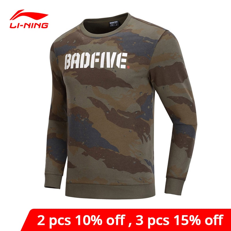 Li-ning mænd basketball bad five sweater regular fit 88% bomuld 12% polyester foer lin ning camo sports pullovere awdp 027 mww 1558