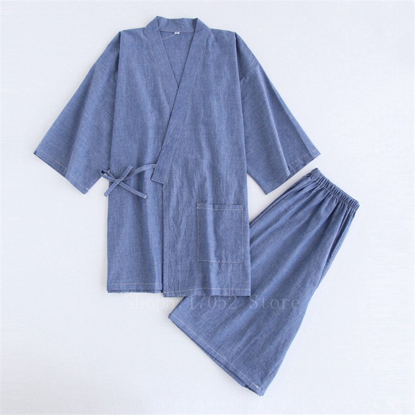 Japanese Kimono Cotton Pajamas Men Samurai Costume Bathrobe Haori Yukata Jinbei Set Sleepwear Short Sleeve Woman Japan Clothes: Color3 / M