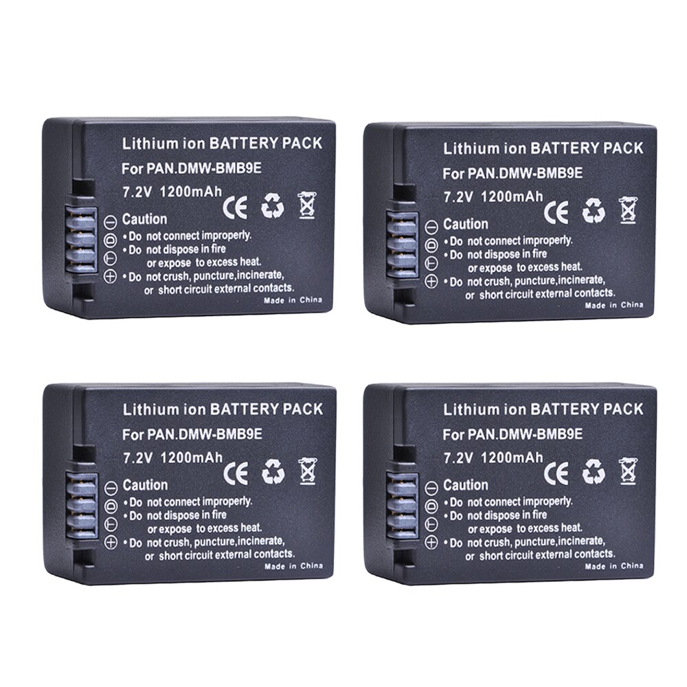 Batería de DMW-BMB9 y cargador LED, accesorio para Panasonic Lumix DMC FZ40K FZ45K FZ47K FZ48K FZ60 FZ70 FZ100 FZ150 DMWBMB9, DMW-BMB9E: 4 batteries