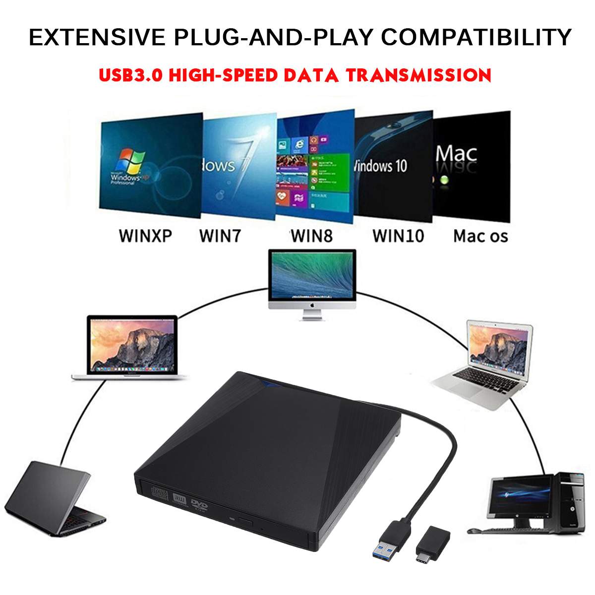 Lecteur optique externe usb 3.0, graveur de DVD, RW, graveur de CD, lecteur optique mince, Type plateau, Portable pour PC Portable