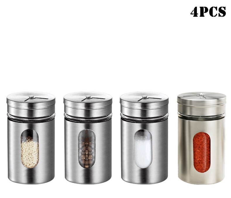 Tarros de especias de acero inoxidable, latas de condimento, tapa giratoria, salero, pimentero, palillo de dientes, botella para almacenamiento de condimentos, estante de especias de cocina: 4pcs