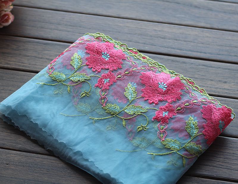 2yards/lot 18cm wide Embroidered Tulle Lace trim mesh lace trim ~ Blue + rose ~beautiful
