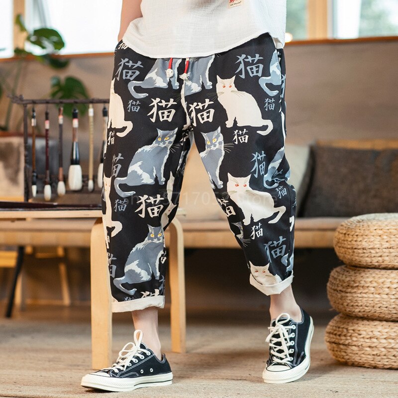 Mænd japansk vintage stil dejligt print kimono kat bukser samurai haori haram bukser harajuku asiatisk tøj yukata: Farve 1 / 3xl