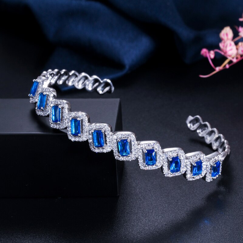 CWWZircons Silver Color Micro Pave Green Blue Cubic Zirconia Stone Love Open Cuff Ladies Bangles Jewelry for Wedding Party BG030