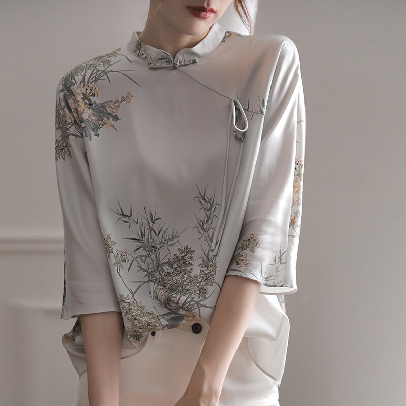2022 chinesische stil cheongsam bluse die Seide Satin- qipao oben Seetang-anzug oben stehkragen elegante traditionelle hanfu bluse
